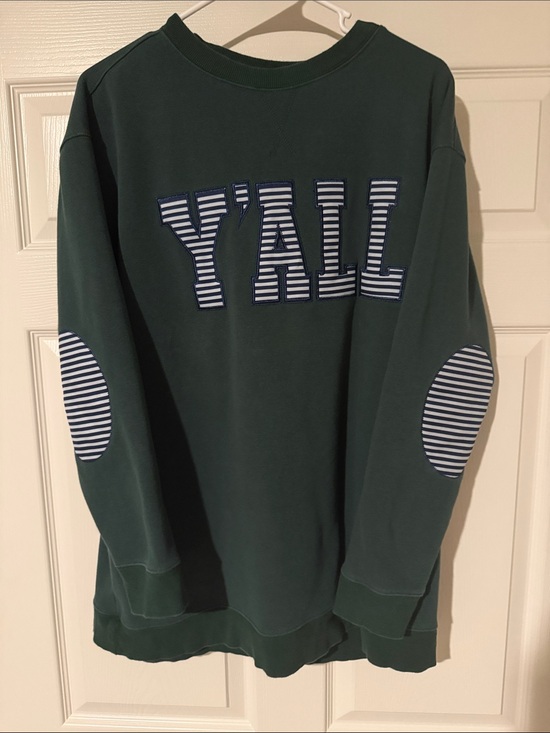Marleylilly Sweaters - Crewneck Sweatshirt in Dark Green with Striped 'Y'ALL' Applique